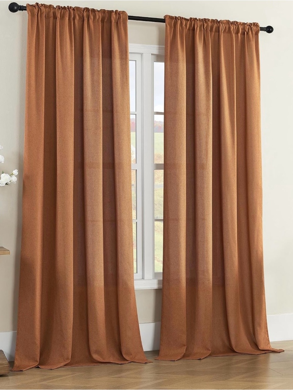 Solid Desert Orange Linen Blend Curtain Panels